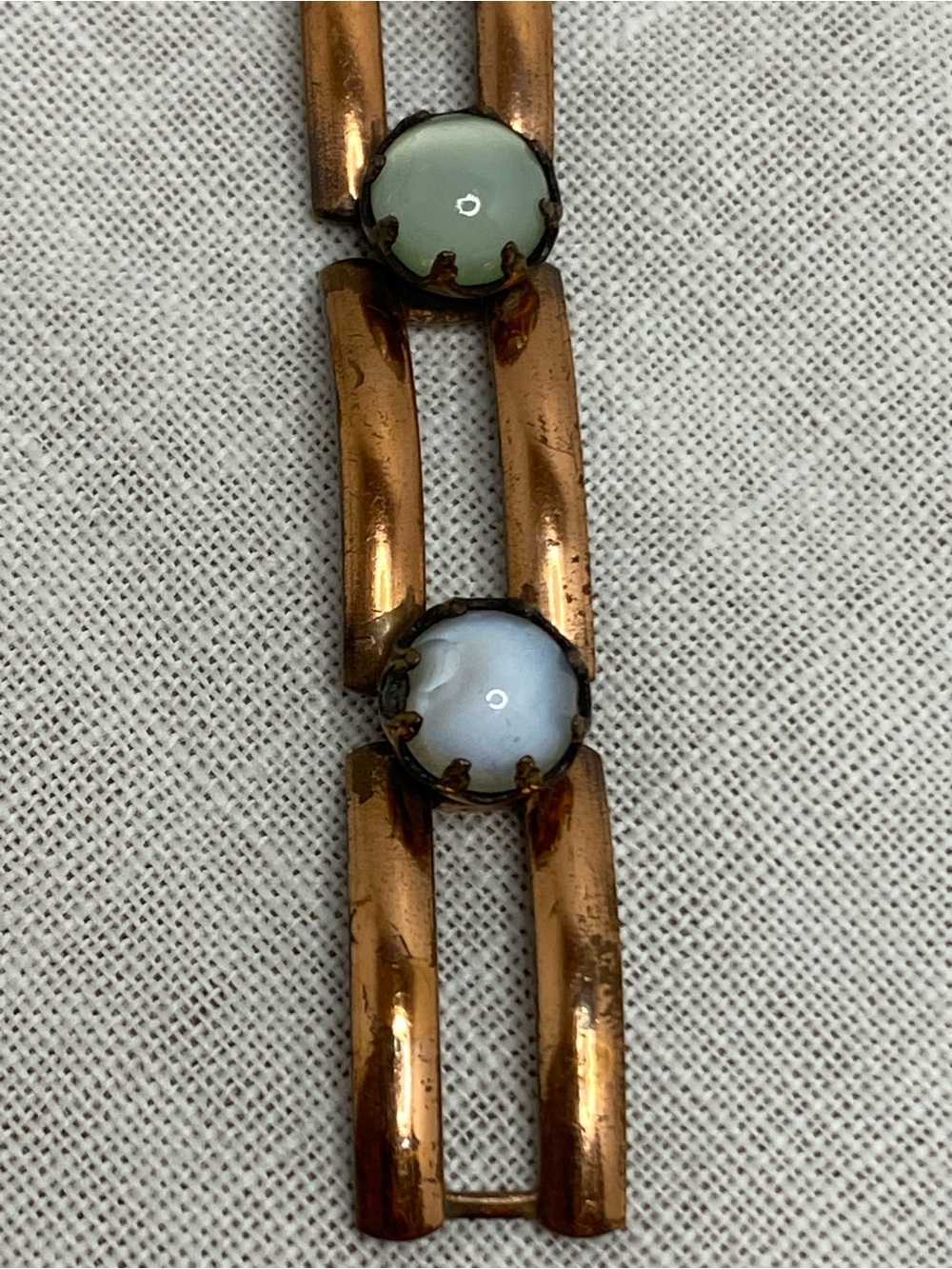 Vintage Copper Tone Moonglow Lucite Cabochon Link Bracelet Pastel MCM - Picture 5 of 16